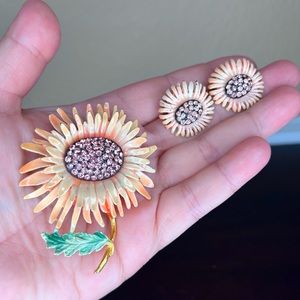 Vintage 1950’s BSK Brooch and Earrings Suite / Set, Sunflower, Pink Crystals